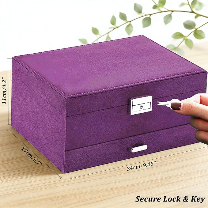 QBestry 3-Layer Jewelry Box for Women with Lock and Key & Drawer, Large Jewelry Organizer with 8 Necklace Hooks & 56 Earring 
