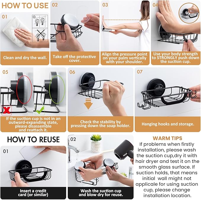 LEVERLOC Soap Holder Shower with Hooks, Bar Suction Cup Soap Dish Tray for Wall, Rust-Proof Stainless Steel Sponge Caddy for 
