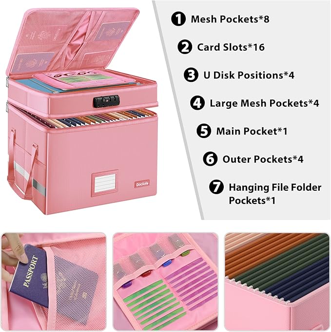 DocSafe File Box with Lock,Multi-Layer Fireproof Document Box Collapsible File Storage Organizer with Pockets/Handle,Large Po