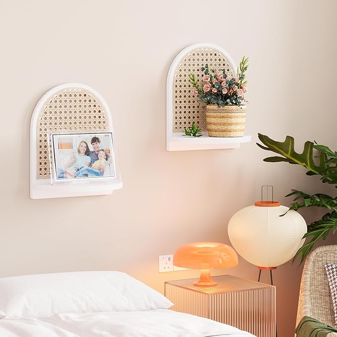 Rattan Shelf Set of 2, 7''White Rattan Shelf with Wicker Decor, Boho Wall Decor Small Floating Shelf for Plant Figurines Disp