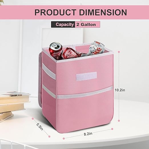 Simple Deluxe Car Trash Can with Lid and Storage Pockets, Multipurpose Garbage Bin with Adjustable Straps, Collapsible and Portable Organizer, 2 Gallon, Pink