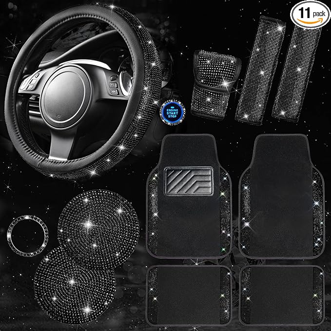 CAR PASS 11 PCS Bling Diamond Car Mats Set for Women Girls, Sparkly Rhinestone Steering Wheel Cover, Waterproof Floor Mats Un