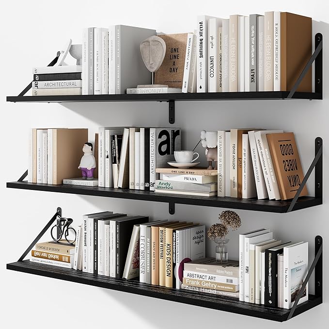 Floating Shelves for Wall, 36W x 8D Wide Bookshelf with Brackets Set of 3, Wood Wall Mounted Shelves for Living Room, Kitchen