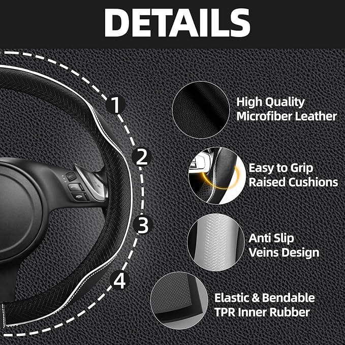 NBTEPEM Microfiber Steering Wheel Cover and Waterproof Car Floor Mats, Universal Fit Most Truck, SUV, Cars, 14.5-15inch Sporty Steering Wheel Covers with Anti-Slip Lining (Black with White line)