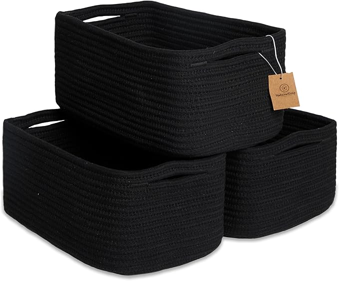 NaturalCozy 13.5”x8.5”x5.5” Rectangle Storage Baskets for Shelves 3 Pack | Cotton Rope Woven Small Baskets for Organizing | S