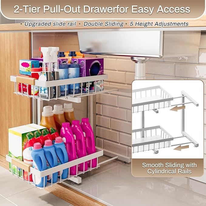 ADBIU Under Sink Organizer 2 Pack, Adjustable Height (11"-15.75") Under Cabinet Storage, 2 Tier Pull Out Sliding Drawers for 