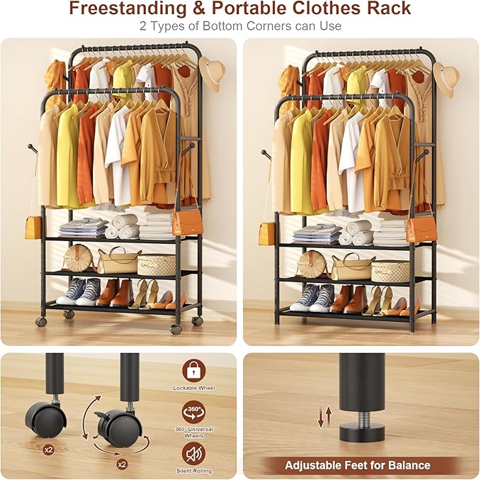 Furologee Clothes Racks for Hanging Clothes, Portable Rolling Garment Rack, Sturdy Metal Freestanding Cloths Racks with Wheel
