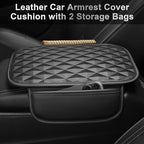 CAR PASS 3D Memory Foam Leather Car Steering Wheel Cover Set, Comfortable Rhombus Leather Center Console Armrest Cushion with Storage Bags Non-Slip 14.5-15in Car Interior Covers Sets, 4 PCS All Black