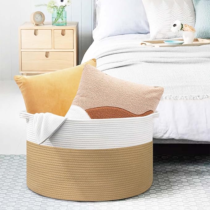 MEGASKET Extra Large Storage Basket, 22” x 22” x 14” Cotton Rope Bins for Storage, Wicker Baby Laundry Basket, Kids, Woven Ki