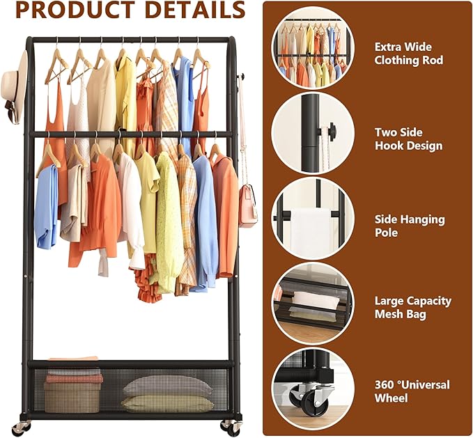 MOYIPIN Double Rods Clothing Rack with Wheels,Clothing Organizer for Hanging Clothes Coat Scarves Bags,Multi-functional Bedro