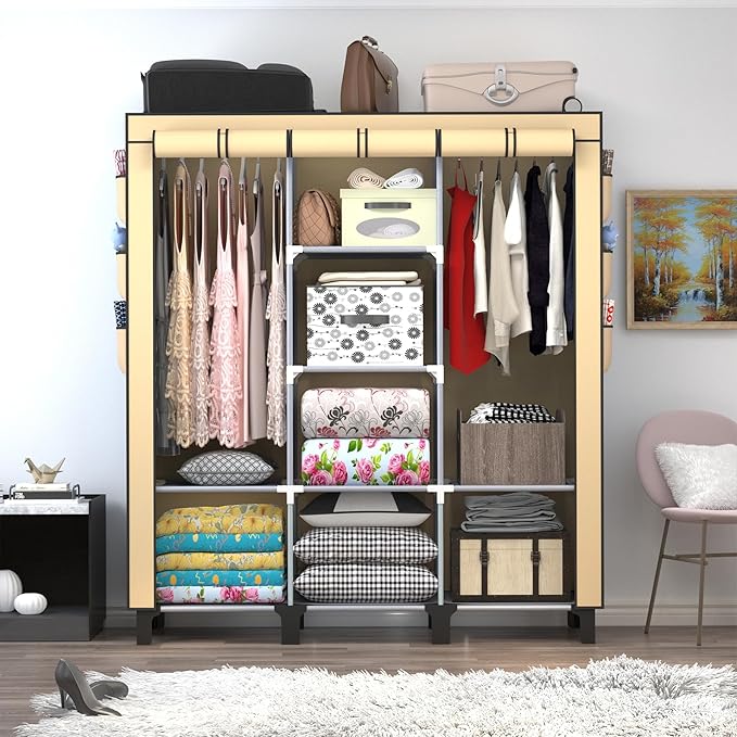Portable Wardrobe with 10 Storage Racks and 2 Hanging Poles 6 Side Pockets Fleece Cover, Size 130 x 45 x 172 cm, Bedroom Clos