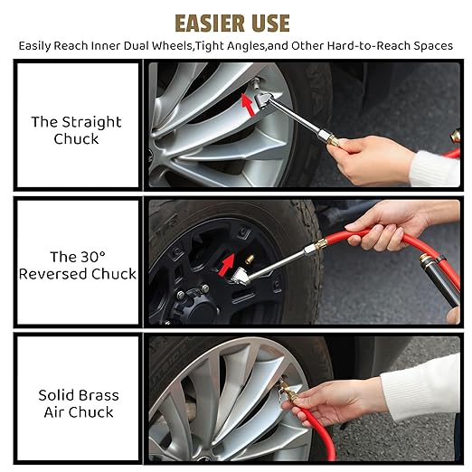 Heavy Duty Tire Pressure Gauge Inflator for Trucks & RVs (10-120 PSI) - Dual Head Air Chuck with 4-Way Tool, Rubber Hose & Valve Cores, 1/4" NPT Inlet