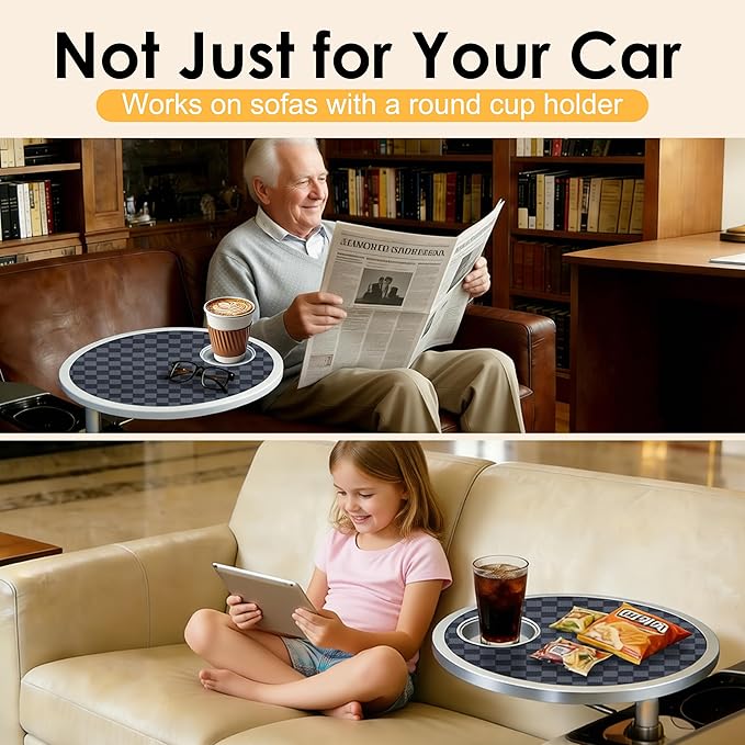 Car Food Tray & Car Table Tray with Car-Grade Aluminum Cup Holder & Phone Stand, Premium Wood with Leather Surface, 360° Rotating Car Desk for Laptop &Eating (Round, Black&Grey)