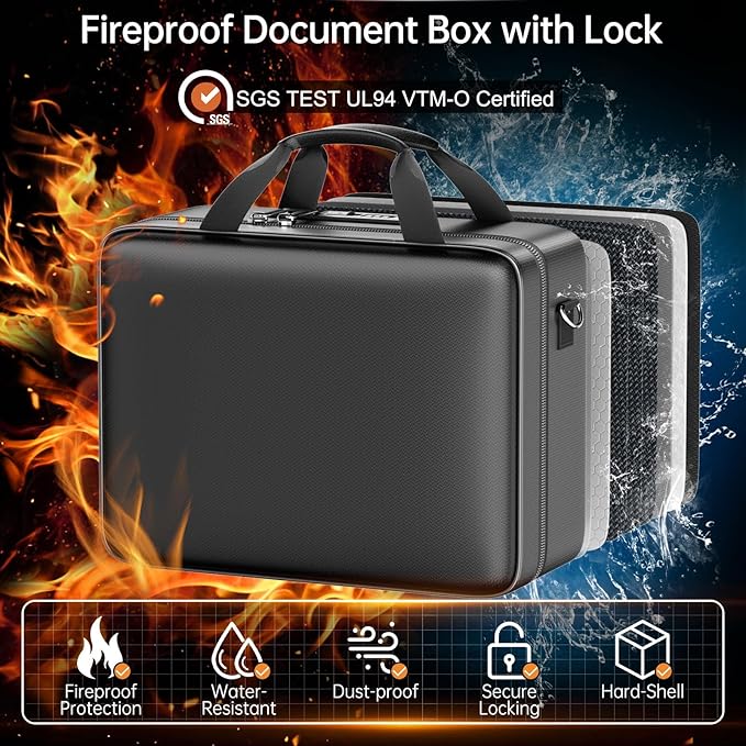ENGPOW Fireproof Document Box with Lock, Fireproof Water Resistant Hard Case File Organizer Safe Box with Multi Pockets, Prot