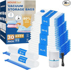 HOUSE DAY 30 Pack Vacuum Storage Bags with Electric Pump, 4 Sizes + 2 Roll-Up (5 Each), Space Saver Vacuum Seal Bags for Clot