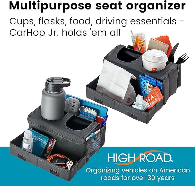 High Road CarHop Jr - Car Organizer with Cup Holders and Storage or Eating Tray for Car - Front Seat Organizer for Drivers and Back Seat Organizer for Kids and Adults
