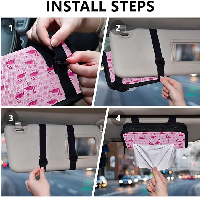 Car Tissue Holder Car Visor Organizer Tissue Box Holder for Car Sun Visor Organizer with Car Vehicle Accessories Essentials Interior for Women Men Pink Flamingos and Polka Dots
