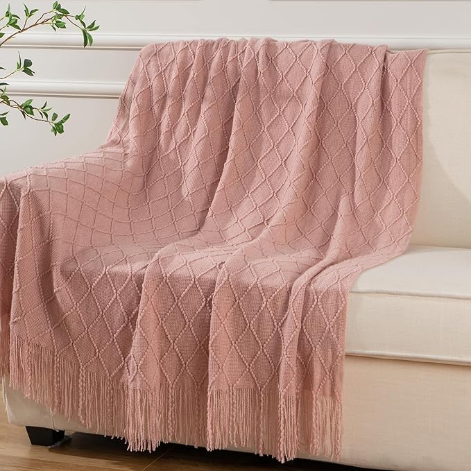 BATTILO HOME Blush Throw Blanket with Tassels, Pink Knit Blanket for Home Decor, Boho Style Textured Knitted Decorative Blank