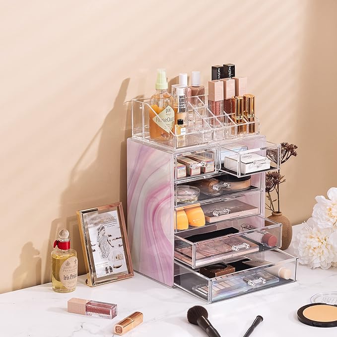 Sorbus Acrylic Makeup Organizer Set, 6-Drawer Vanity & Countertop Cosmetic Storage with Small & Wide Compartments, Tie Dye Ma