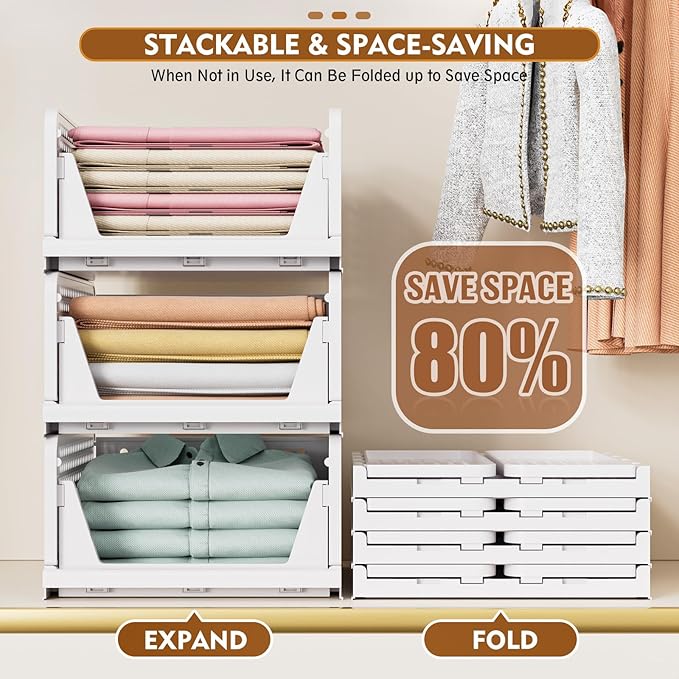 SNSLXH 5 Pack Stackable Closet Storage Basket, Multifunctional & Foldable Closet Organizer for Bathroom Kitchen Laundry Room 