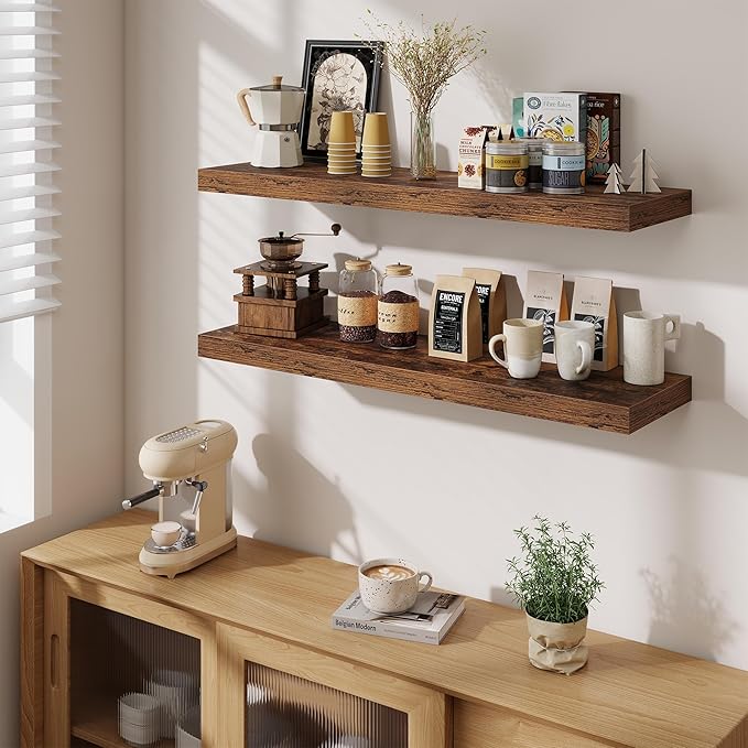 Fun Memories Floating Shelves Set of 2, 40 Inch Long Wooden Wall Shelves, 10 Inch Deep Wall Mounted Storage Shelf with Metal 