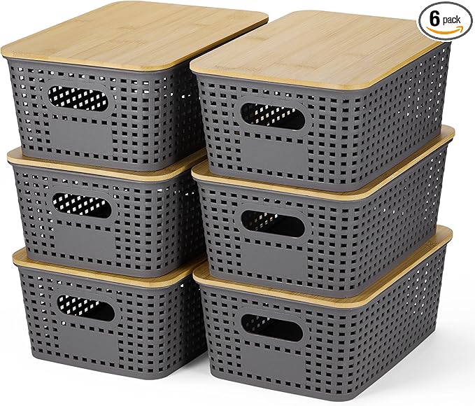 Plastic Storage Baskets With Bamboo Lid - Plastic Storage Containers Stackable Storage bins: Storage Baskets for Organizing S