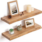 Floating Shelves for Wall Decor, Rustic Solid Elm Wood Live Edge Floating Shelves Wall Mounted, Wall Shelves with Invisible B