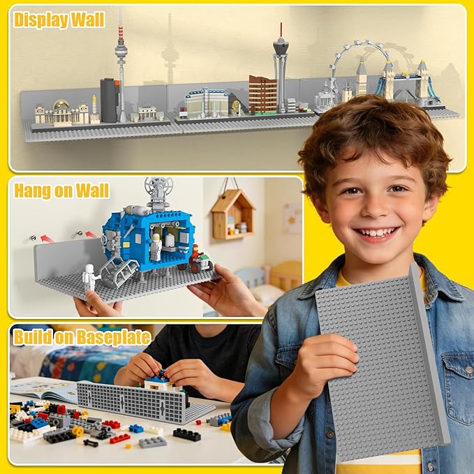 BlissBox 4-Pack Display Shelves for Wall Compatible with Lego Building Bricks, 11.3x6.3inch Dual‑Sided 36x20 Studs for Toy Br
