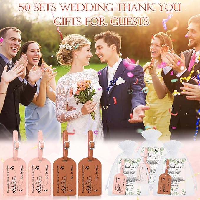 Dandat 50 Sets Wedding Favor Gifts for Guests Bulk PU Leather Honeymoon Travel Luggage Tags with Name Tel Address Cards and O