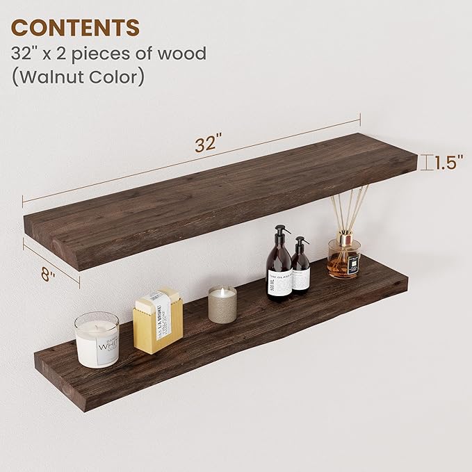 Floating Shelves for Wall Decor, Rustic Solid Elm Wood Live Edge Floating Shelves Wall Mounted, Wall Shelves with Invisible B