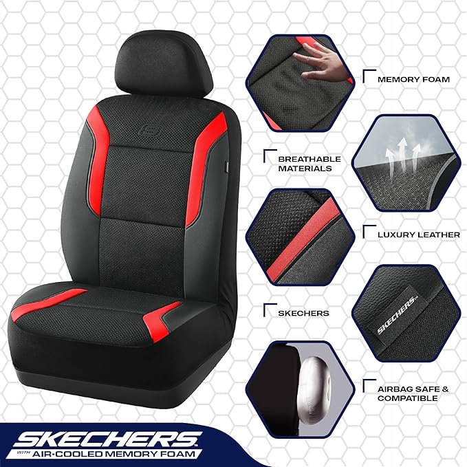 Skechers Memory Foam Car Seat Covers, Air Cool Mesh Thick Seat Covers, Car Seat Covers Front Seats Airbag Compatible, Automot