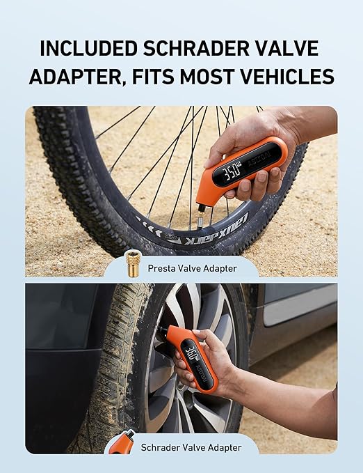 AstroAI Digital Tire Pressure Gauge 3-300PSI Calibrated to ANSI B40.7 Grade 2A (0.5%), Backlight and Flashlight, Presta Valve Adaptor Included, 4 Units, AAA Batteries, Orange, 2Pack