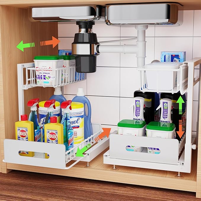 2 Pack Under Sink Organizer, Pull Out Cabinet Organizer 2 Tier Slide Out Sink Basket Drawer Sink Shelf Cabinet Storage Shelve