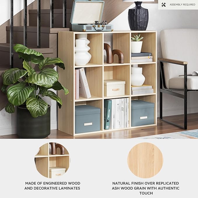 Signature Design by Ashley Piperton Contemporary 3-Tier Floor Standing 9 Cube Organizer for Living Room, Wood, Works with 10.