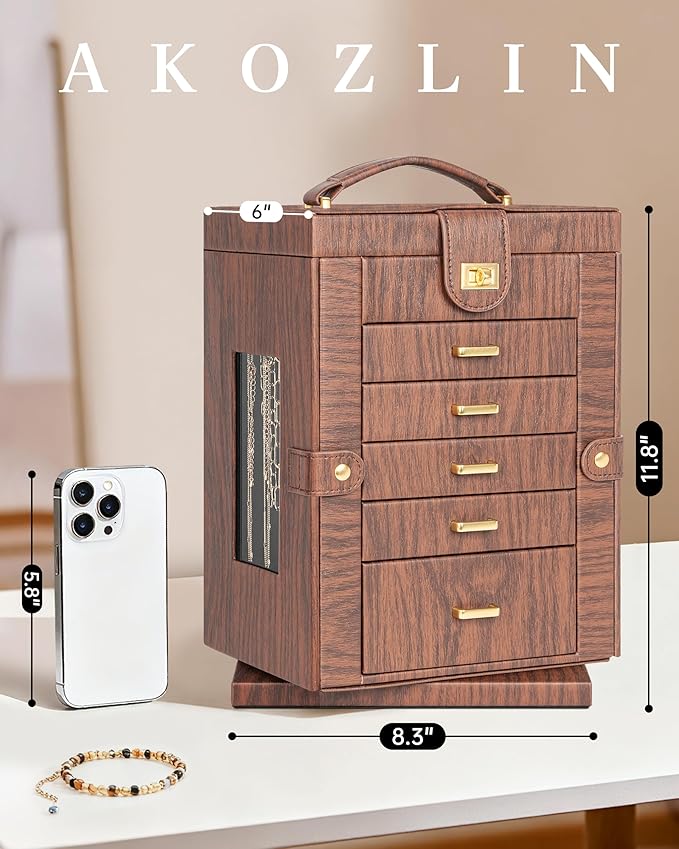 AKOZLIN 360° Rotating Jewelry Box 6-Tier Organizer Functional Jewelry Storage Case for Women Girls Ring Necklace Earring Brac