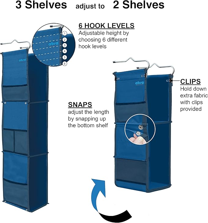 ABRA® 3 Shelf Hanging Locker Organizer for School, Gym, Work, Storage | Wide Shelves 6.5”x 9”| Eco-Friendly Fabric Healthy fo