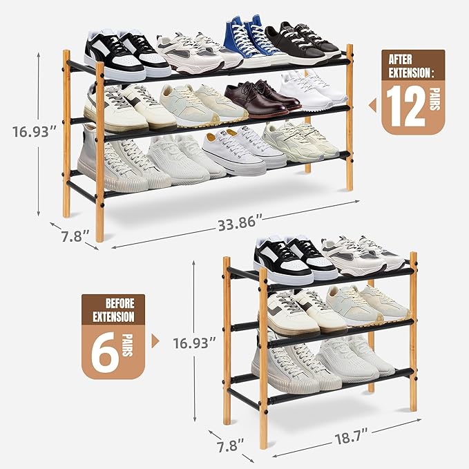 STORAGE MANIAC Expandable Shoe Rack, 16 Pairs Stackable Small Shoe Rack, Metal Adjustable Shoes Organizer for Closet, Entrywa