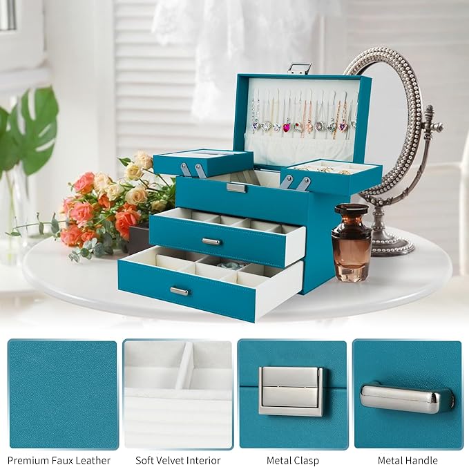 Dajasan Jewelry Box Organizer, Jewelry Holder Organizer Box, 4 Layers Leather Jewelry Storage Box, Gift Idea for Women, Girlf