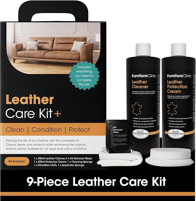 Furniture Clinic Large Leather Care Kit | Leather Cleaner + Conditioning Protection Cream for Furniture | Two 17oz Bottles + 