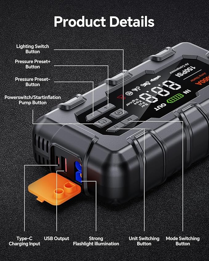 Jump Starter 5000A, Car Battery Jump Starter with Air Compressor for Up to 9.0L Gas and 8.0L Diesel Engine, 12V Jump