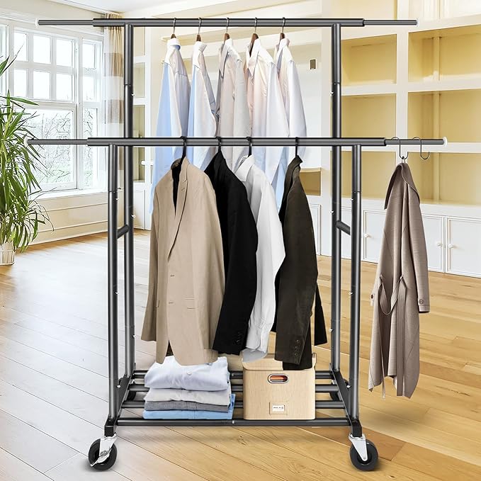 Fishat Stand Portable Black Double Rods Garment Clothes Rack with Rolling and Lockable Wheels Mobile, 48" W x 15" D x 67" H, 