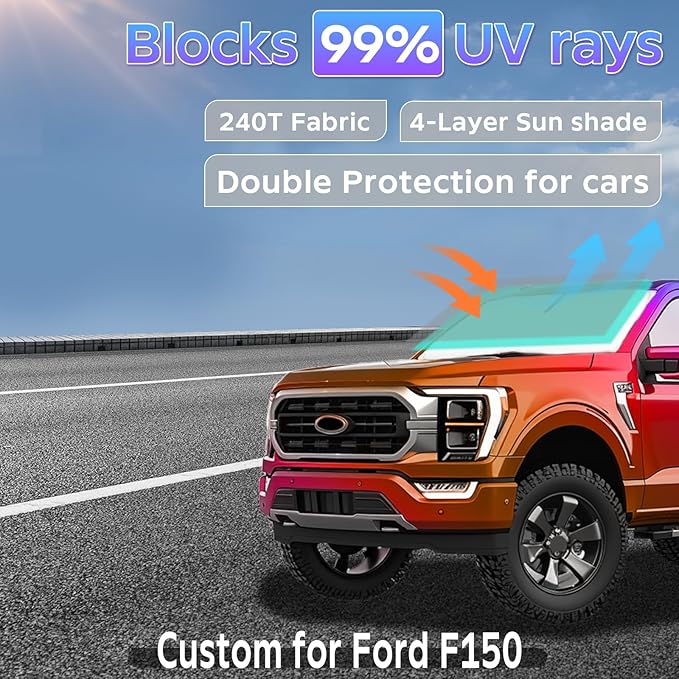 Sun Shade Sunshade for Ford F150 2021-2025 2026 Windshield Cover, F-150 Super Crew Cab,Super Cab,Regular Cab 4-Layers Sun Shield 250T Silver Sun Visor Foldable Window Shade Blocks UV Rays Accessories