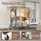 HOKEEPER Clothes Rack Heavy Duty Clothing Rack Load 650 LBS Collapsible Garment Rack with Wheels Double Rod Coat Rack for Han