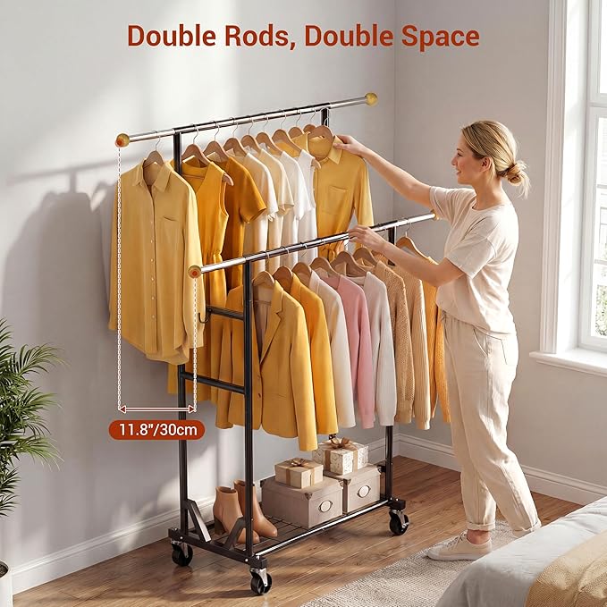 Rolling Garment Rack - Double Rod Clothes Rack with Lockable Casters, Mesh Storage Shelf & Anti-Slip Wooden Finials accented 