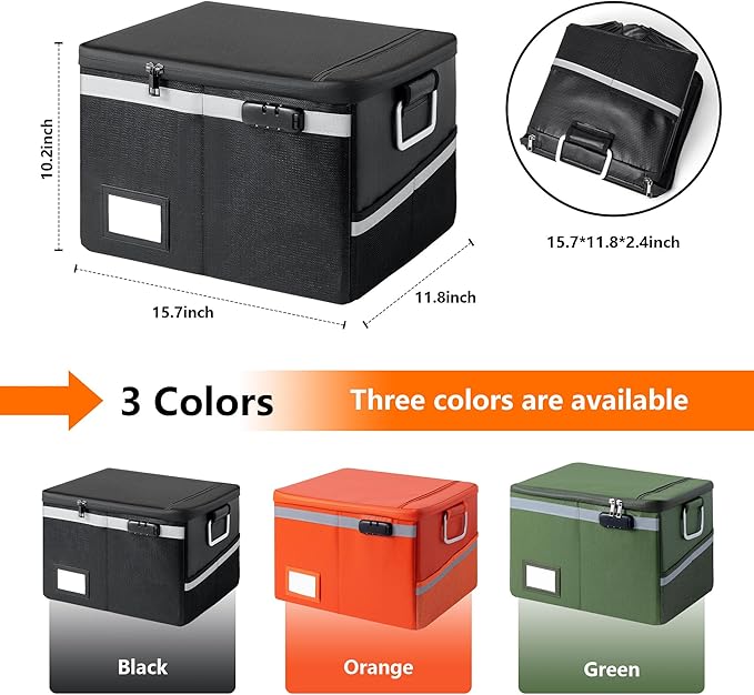 Fireproof Waterproof Document Box with Lock - Collapsible Portable File Organizer Hard Shell Storage for Hanging Letter/Legal