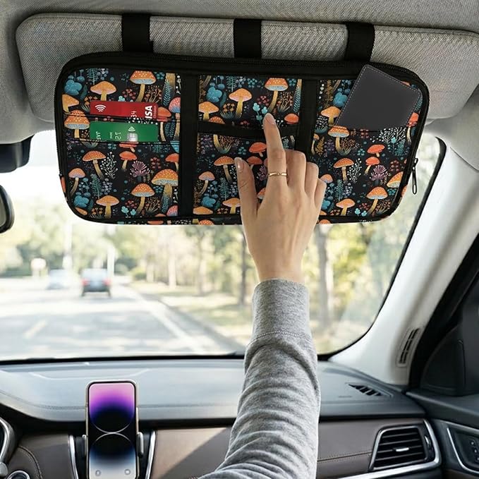 Mushroom Car Sun Visor Organizer, Auto Interior Visor Storage Pouch Holder with Zipper, Auto Interior Accessories Multi-Pocket Universal Car Accessories for Card, Document