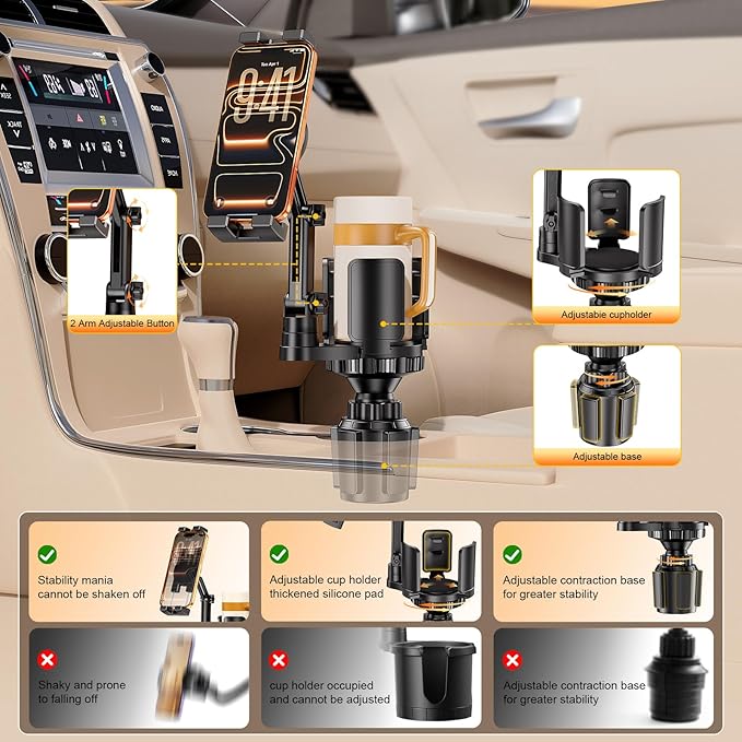 Tablet Holder for Car, 3 in 1 Cup Holder ipad Car Mount with Expander, Adjustable Base and Long Arm with 360°Rotation Phone ipad Holder Compatible for 4-12.9‘’ Tablet, All Smartphones and Most Bottles