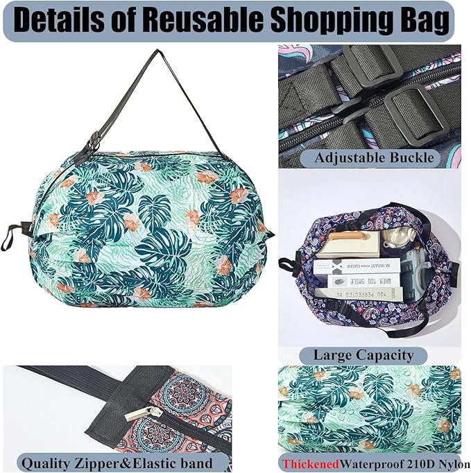 Foldable Reusable Tote Bags - Thickened 210D Nylon Waterproof Grocery Shopping Bag with Zipper & Adjustable Strap