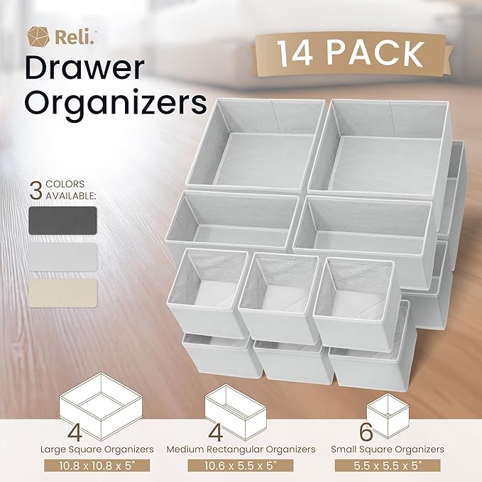 Reli. Drawer Organizer Clothes (14 Pack) | Organization for Dresser, Closet, Nursery, Baby Clothes | Foldable Fabric Dresser 