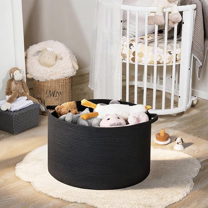MEGASKET Large Black Blanket Basket, 22" X 22" X 14" Woven Rope Bin for Storage, Kids Dog Toy Storage Box Organizer Bins, Bla